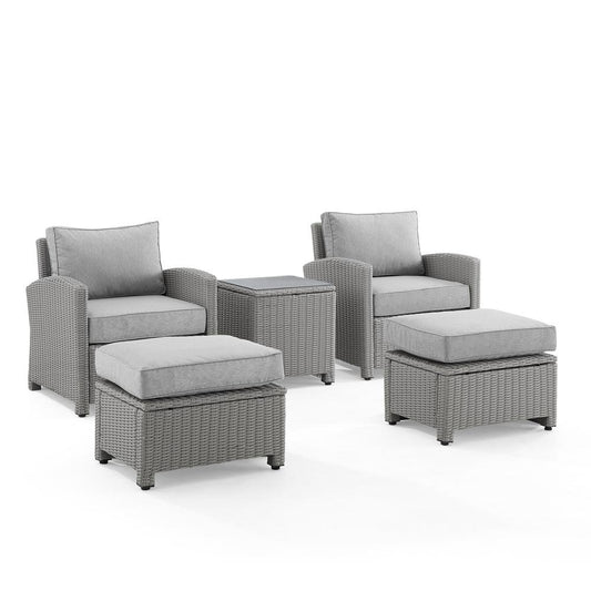 Bradenton 5Pc Outdoor Wicker Armchair Set Gray - Side Table, 2 Arm Chairs & 2 Ottomans