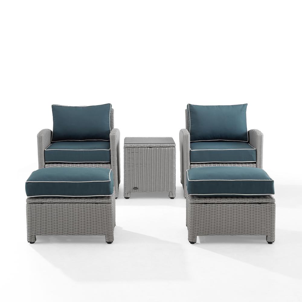 Bradenton 5Pc Outdoor Wicker Armchair Set Navy/Gray - Side Table, 2 Arm Chairs & 2 Ottomans