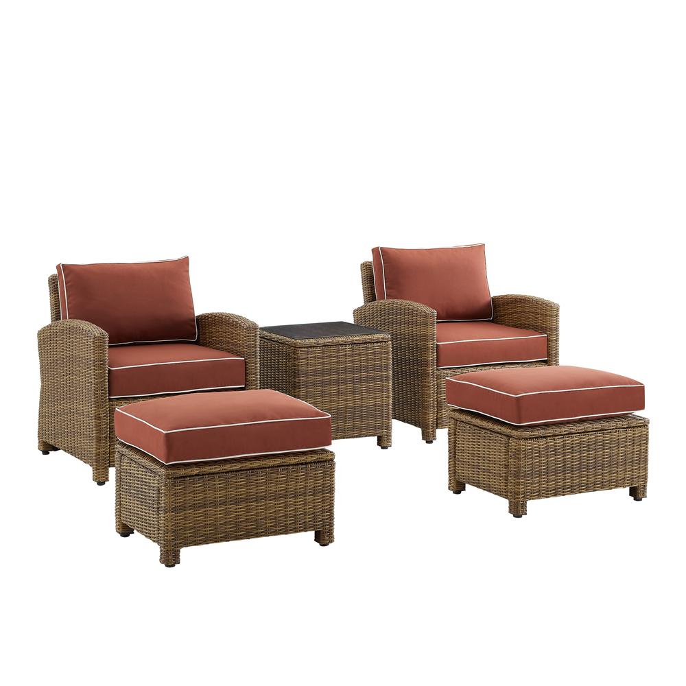 Bradenton 5Pc Outdoor Wicker Armchair Set Sangria/ Weathered Brown - Side Table, 2 Arm Chairs & 2 Ottomans