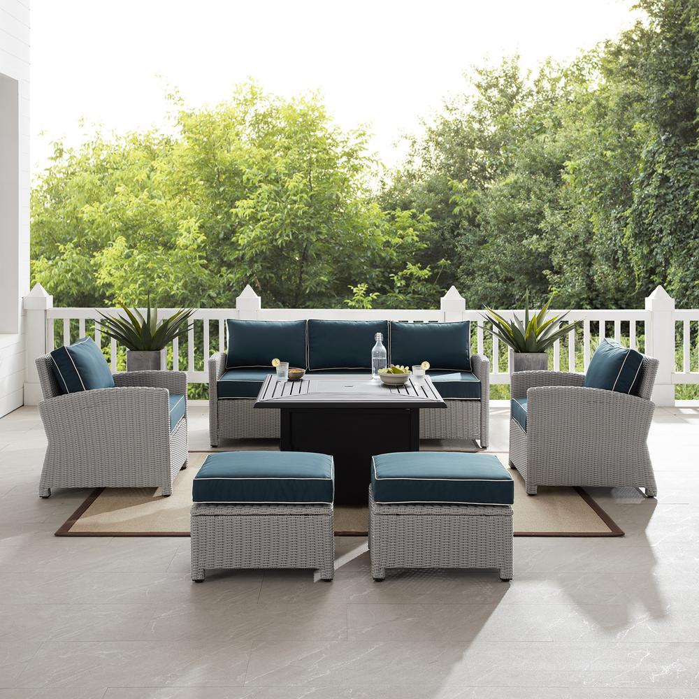 Bradenton 6Pc Outdoor Wicker Sofa Set W/Fire Table Navy/Gray - Sofa, Dante Fire Table, 2 Armchairs, & 2 Ottomans