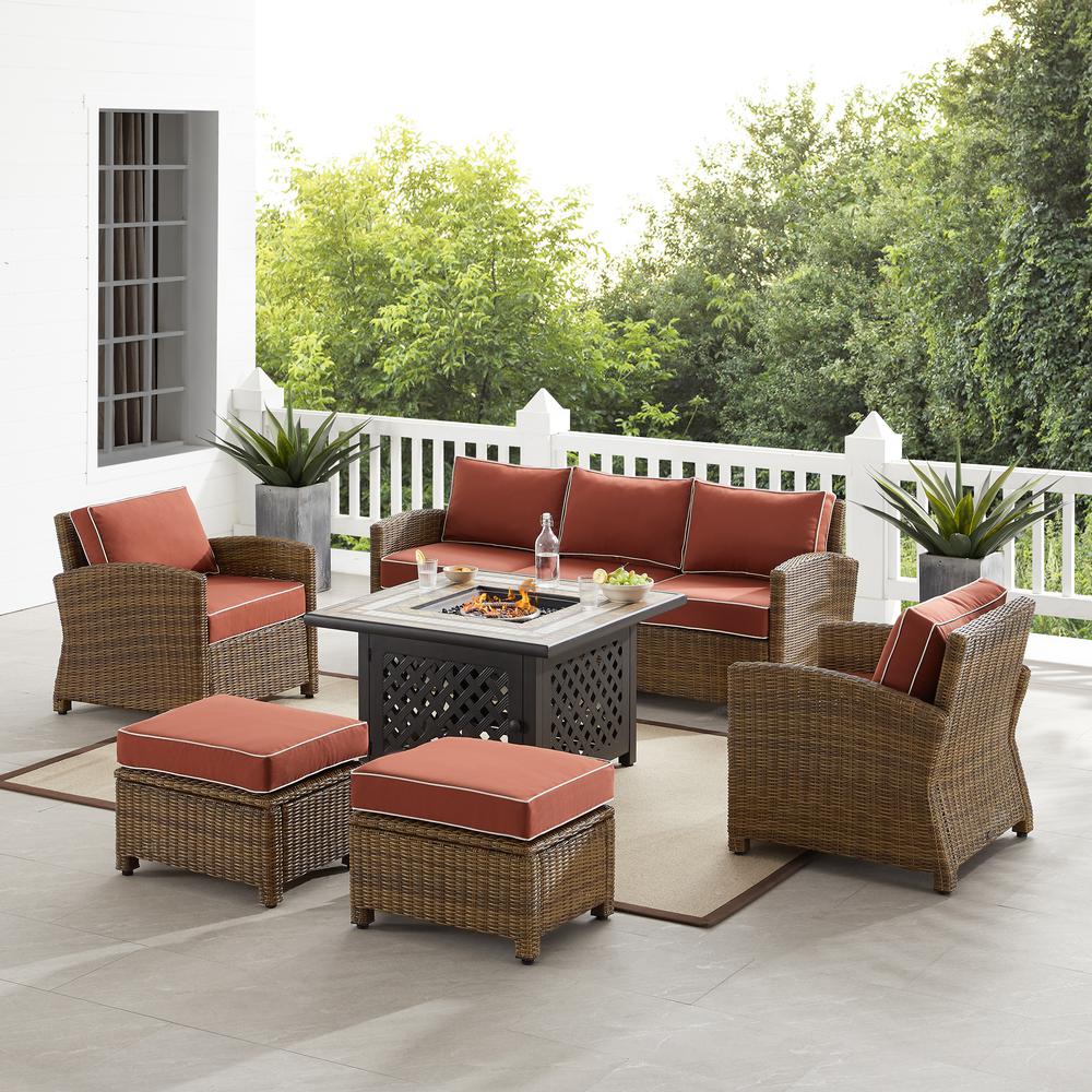 Bradenton 6Pc Outdoor Wicker Sofa Set W/Fire Table Sangria/Weathered Brown - Tucson Fire Table, Sofa, 2 Armchairs & 2 Ottomans