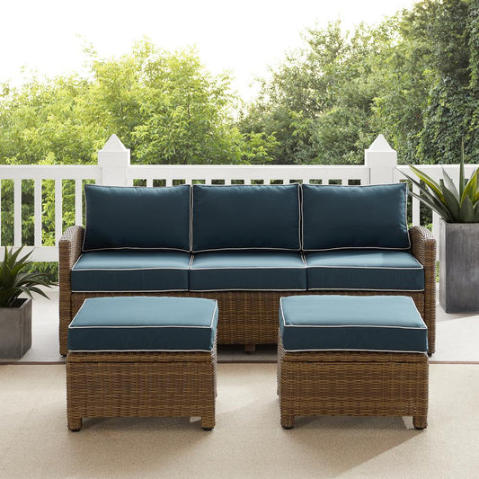 Bradenton 3Pc Outdoor Wicker Sofa Set Navy/Weathered Brown - Sofa & 2 Ottomans