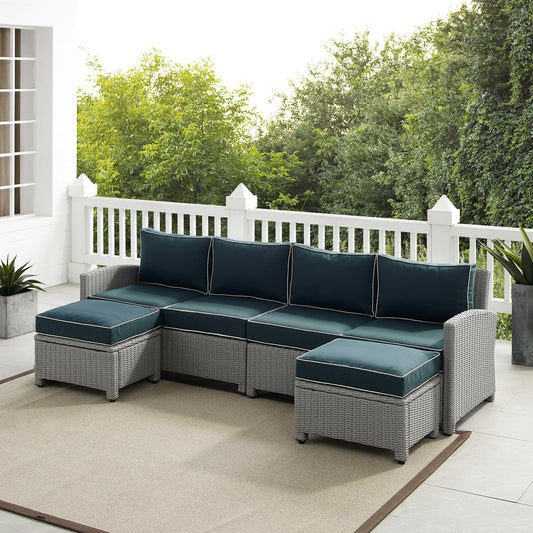 Bradenton 4Pc Outdoor Wicker Sectional Set Navy/Gray - Left Loveseat, Right Loveseat & 2 Ottomans