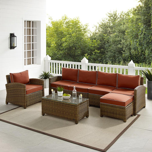 Bradenton 5Pc Outdoor Wicker Sectional Set Sangria /Weathered Brown - Left Loveseat, Right Loveseat, Armchair, Coffee Table, & Ottoman