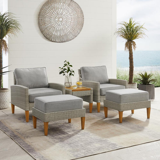 Capella 5Pc Outdoor Wicker Chair Set Gray/Acorn - Side Table, 2 Armchairs, & 2 Ottomans