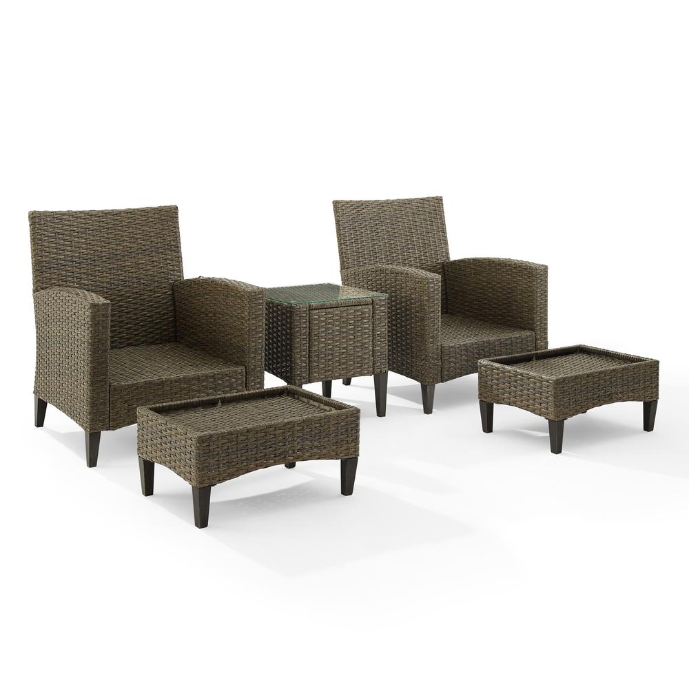 Rockport 5Pc Outdoor Wicker High Back Chair Set Oatmeal/Light Brown - Side Table, 2 Armchairs, & 2 Ottomans