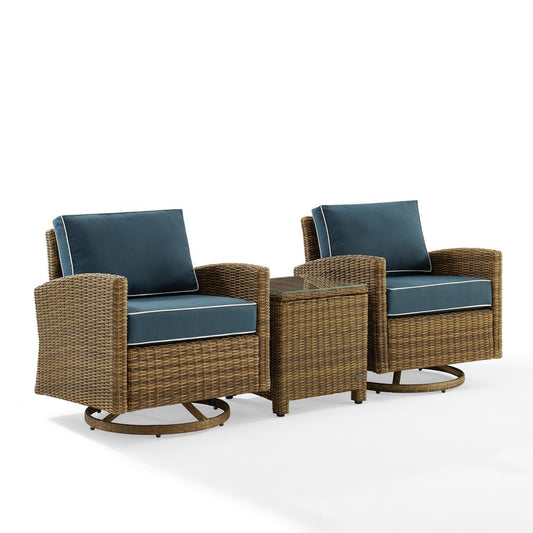 Bradenton 3Pc Outdoor Wicker Swivel Rocker Chair Set Navy/Weathered Brown - Side Table & 2 Swivel Rockers