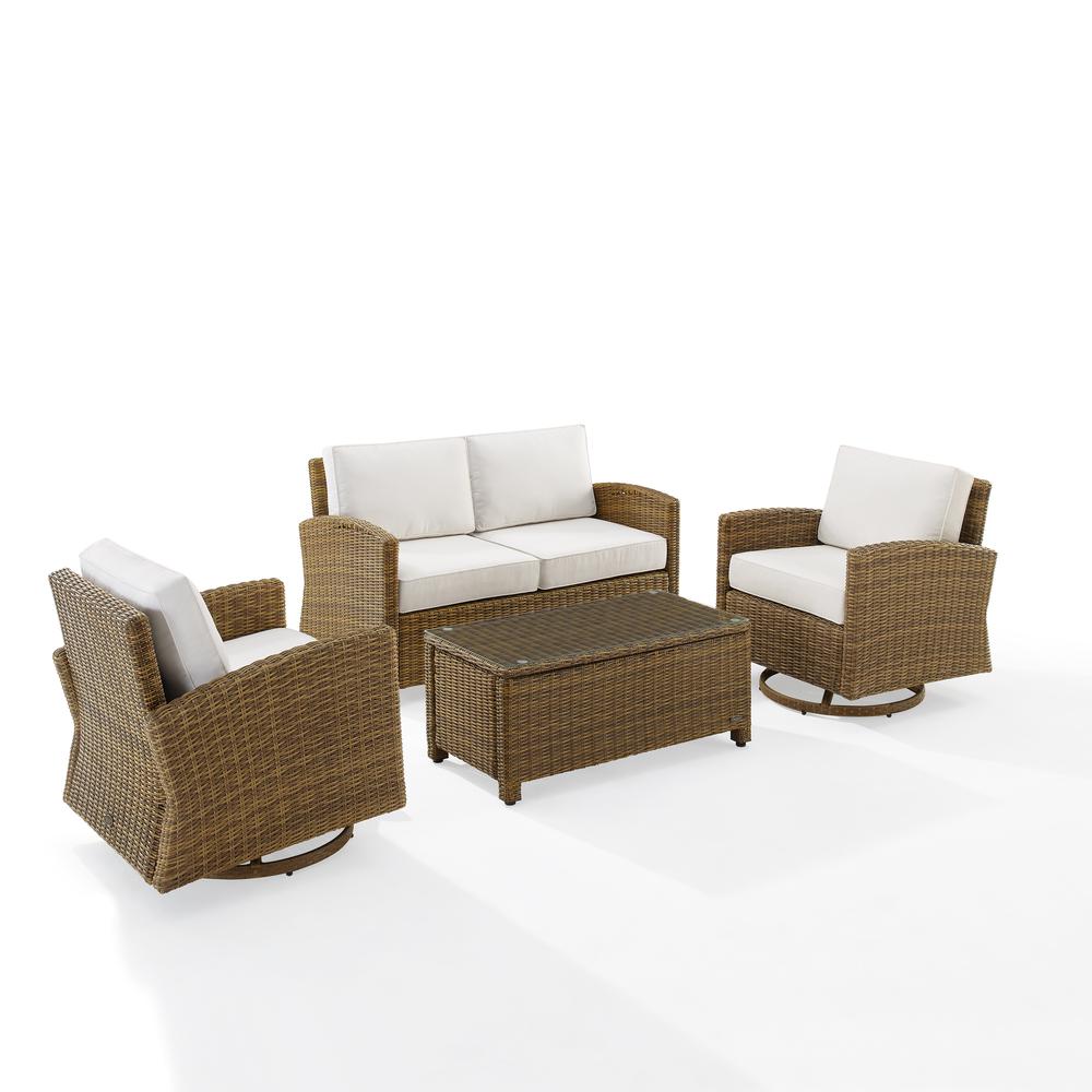 Bradenton 4Pc Swivel Rocker Conversation Set- Sunbrella White/Weathered Brown - Coffee Table, Loveseat, & 2 Swivel Rockers