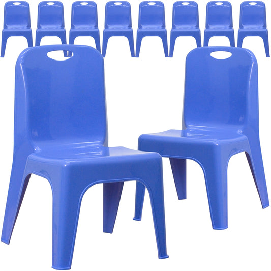 10 Pk. Blue Plastic Stackable School Chair with Carrying Handle and 11'' Seat Height