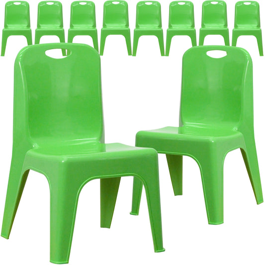 10 Pk. Green Plastic Stackable School Chair with Carrying Handle and 11'' Seat Height