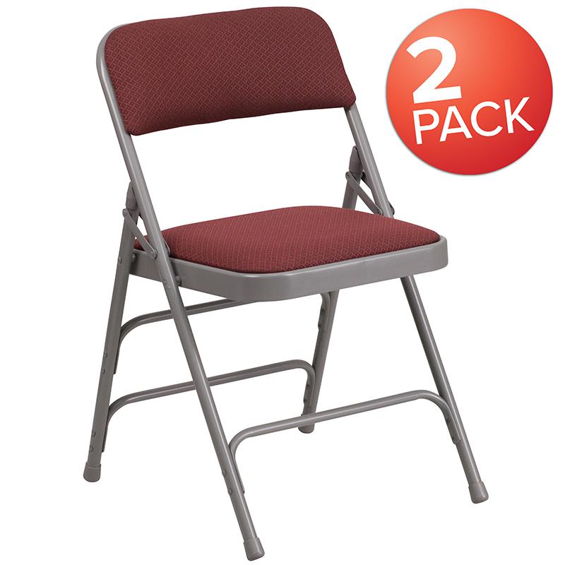 2 Pk. HERCULES Series Curved Triple Braced & Double Hinged Burgundy Patterned Fabric Metal Folding Chair