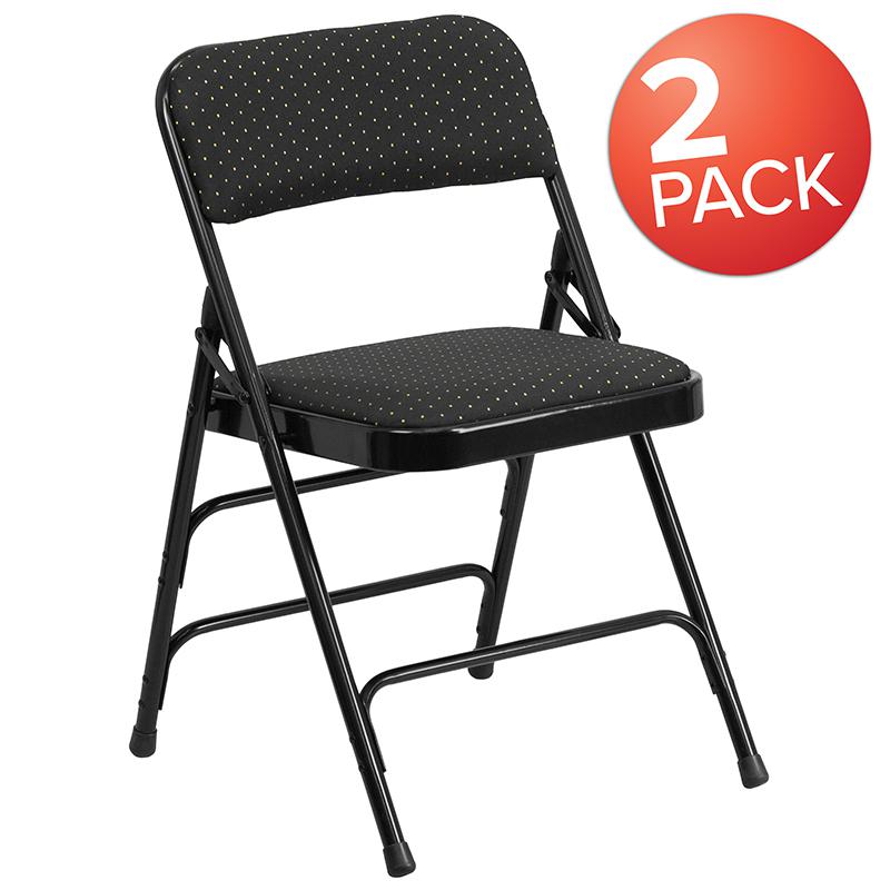 2 Pk. HERCULES Series Curved Triple Braced & Double Hinged Black Patterned Fabric Metal Folding Chair