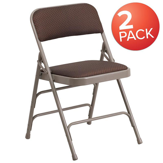 2 Pk. HERCULES Series Curved Triple Braced & Double Hinged Brown Patterned Fabric Metal Folding Chair