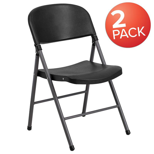 2 Pack HERCULES Series 330 lb. Capacity Black Plastic Folding Chair with Charcoal Frame