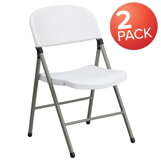 HERCULES Series White Plastic Folding Chairs | Set of 2 Lightweight Folding Chairs with Gray Frame