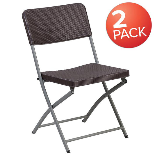 2 Pack HERCULES Series Brown Rattan Plastic Folding Chair with Gray Frame