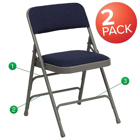 2 Pack HERCULES Series Curved Triple Braced & Double Hinged Navy Fabric Metal Folding Chair