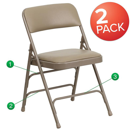 2 Pack HERCULES Series Curved Triple Braced & Double Hinged Beige Vinyl Metal Folding Chair