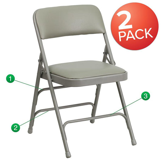 2 Pack HERCULES Series Curved Triple Braced & Double Hinged Gray Vinyl Metal Folding Chair