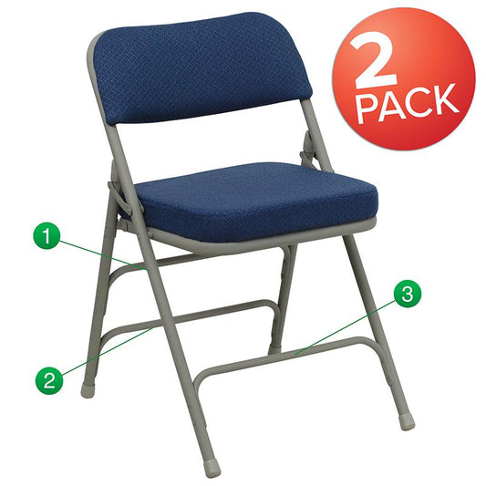 2 Pack HERCULES Series Premium Curved Triple Braced & Double Hinged Navy Fabric Metal Folding Chair