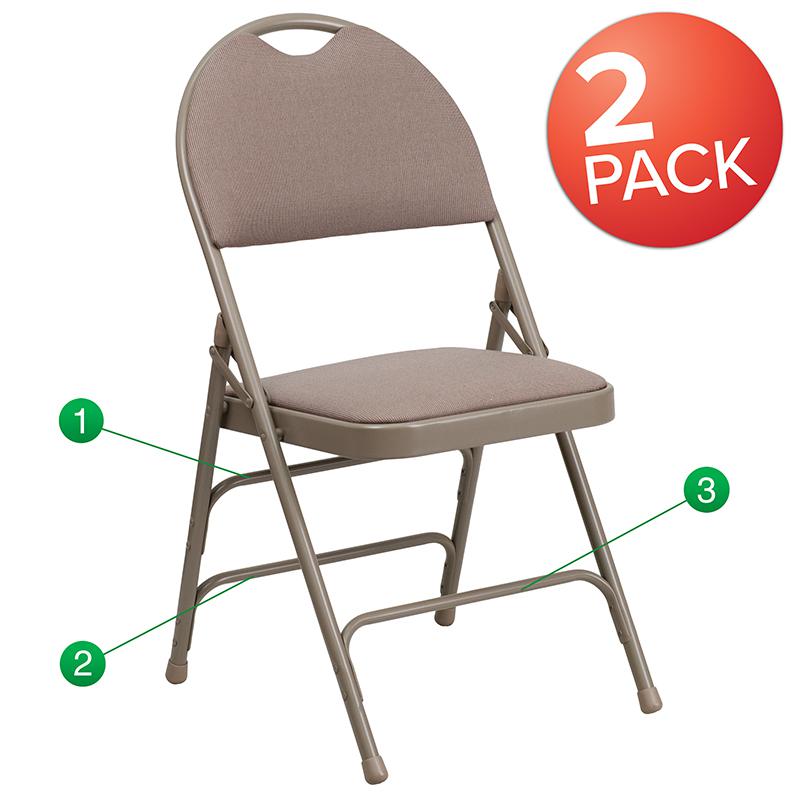 2 Pack HERCULES Series Ultra-Premium Triple Braced Beige Fabric Metal Folding Chair with Easy-Carry Handle