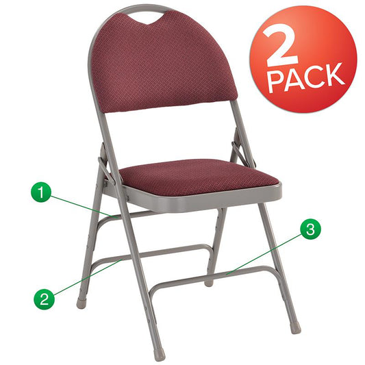 2 Pack HERCULES Series Ultra-Premium Triple Braced Burgundy Fabric Metal Folding Chair with Easy-Carry Handle