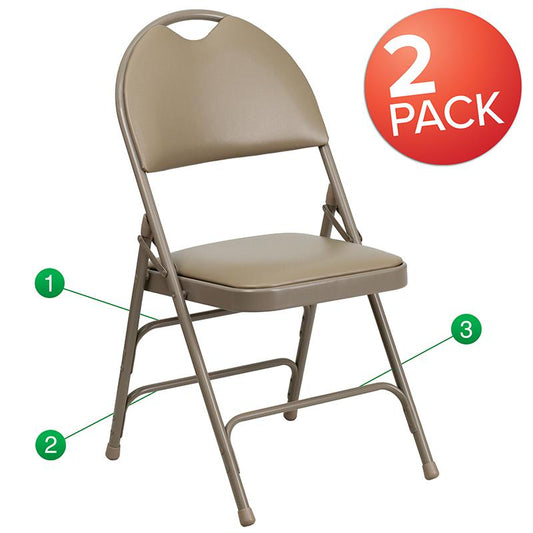 2 Pack HERCULES Series Ultra-Premium Triple Braced Beige Vinyl Metal Folding Chair with Easy-Carry Handle