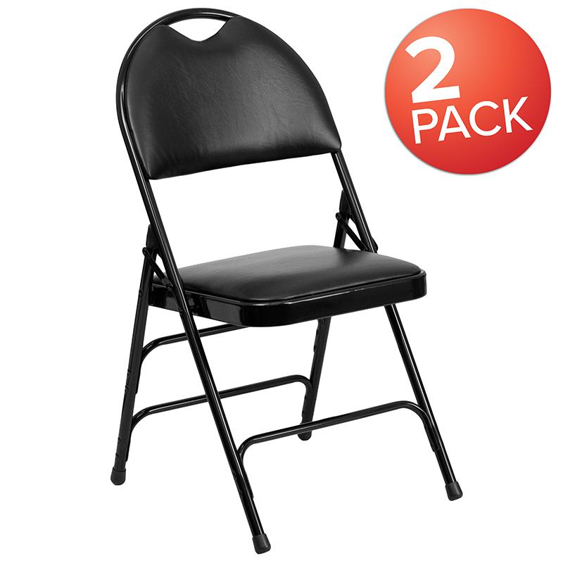 2 Pack HERCULES Series Ultra-Premium Triple Braced Black Vinyl Metal Folding Chair with Easy-Carry Handle