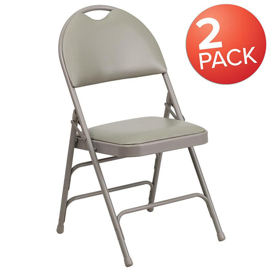 2 Pack HERCULES Series Ultra-Premium Triple Braced Gray Vinyl Metal Folding Chair with Easy-Carry Handle