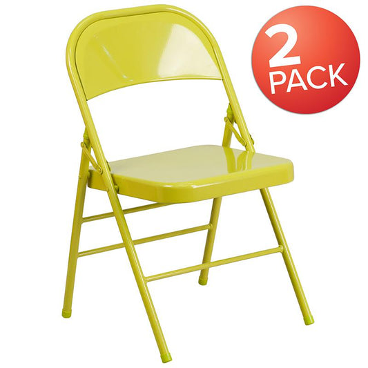 2 Pack HERCULES COLORBURST Series Twisted Citron Triple Braced & Double Hinged Metal Folding Chair