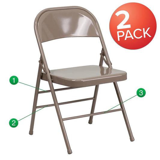 2 Pack HERCULES Series Triple Braced & Double Hinged Beige Metal Folding Chair