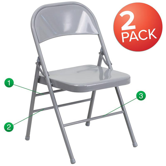 2 Pack HERCULES Series Triple Braced & Double Hinged Gray Metal Folding Chair