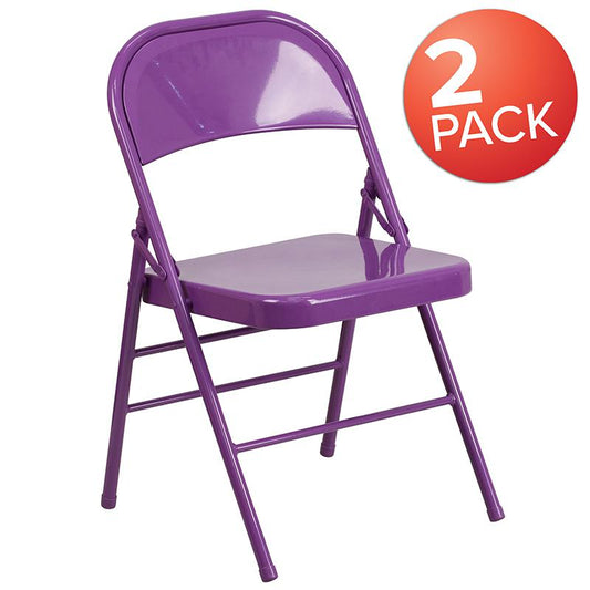 2 Pack HERCULES COLORBURST Series Impulsive Purple Triple Braced & Double Hinged Metal Folding Chair