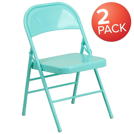 2 Pack HERCULES COLORBURST Series Tantalizing Teal Triple Braced & Double Hinged Metal Folding Chair