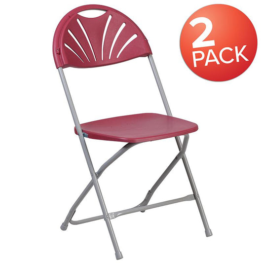 2 Pack HERCULES Series 650 lb. Capacity Burgundy Plastic Fan Back Folding Chair