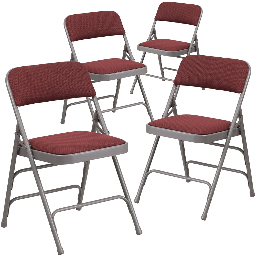 4 Pk. HERCULES Series Curved Triple Braced & Double Hinged Burgundy Patterned Fabric Upholstered Metal Folding Chair