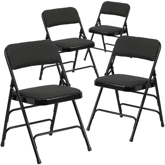 4 Pk. HERCULES Series Curved Triple Braced & Double Hinged Black Patterned Fabric Upholstered Metal Folding Chair