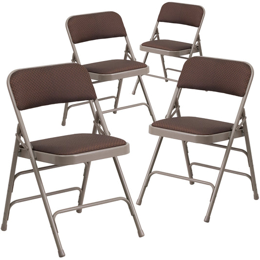 4 Pk. HERCULES Series Curved Triple Braced & Double Hinged Brown Patterned Fabric Upholstered Metal Folding Chair