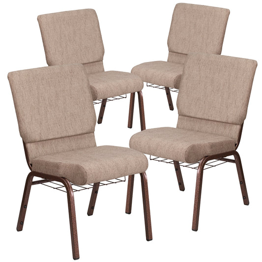 4 Pk. HERCULES Series 18.5''W Beige Fabric Church Chair with 4.25'' Thick Seat, Book Rack - Copper Vein Frame