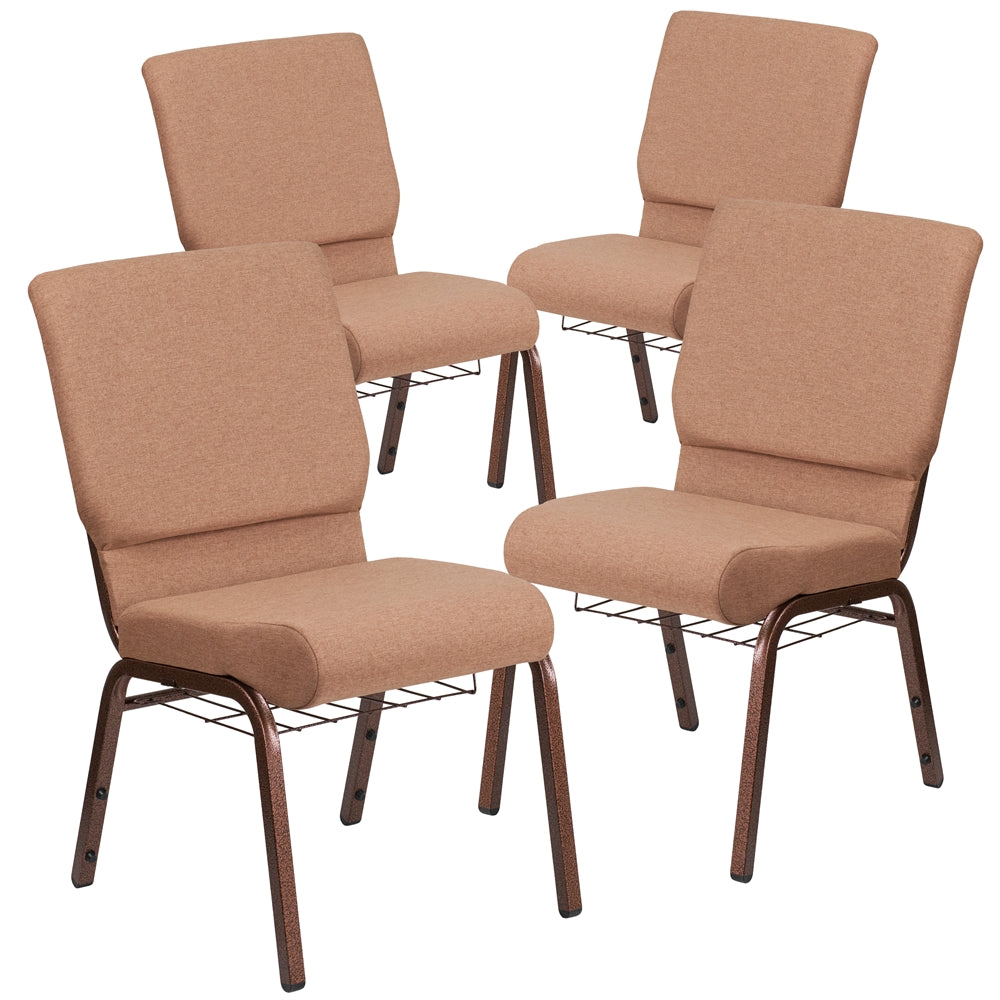 4 Pk. HERCULES Series 18.5''W Brown Fabric Church Chair with 4.25'' Thick Seat, Cup Book Rack - Copper Vein Frame