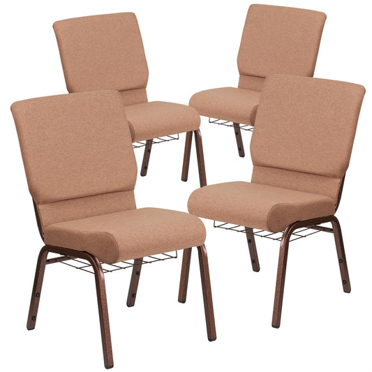 4 Pk. HERCULES Series 18.5''W Brown Fabric Church Chair with 4.25'' Thick Seat, Cup Book Rack - Copper Vein Frame