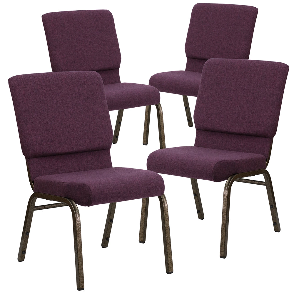 4 Pk. HERCULES Series 18.5''W Plum Fabric Stacking Church Chair with 4.25'' Thick Seat - Gold Vein Frame