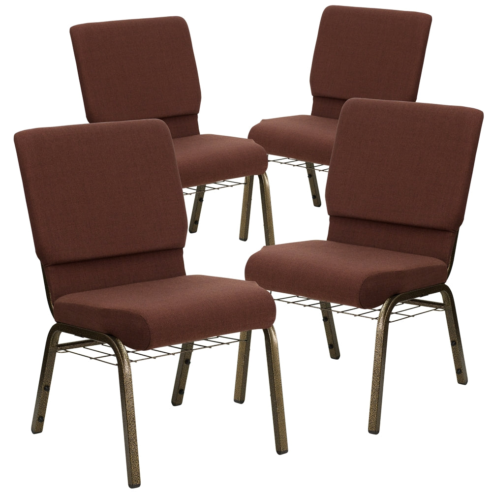 4 Pk. HERCULES Series 18.5''W Brown Fabric Church Chair with 4.25'' Thick Seat, Communion Cup Book Rack - Gold Vein Frame