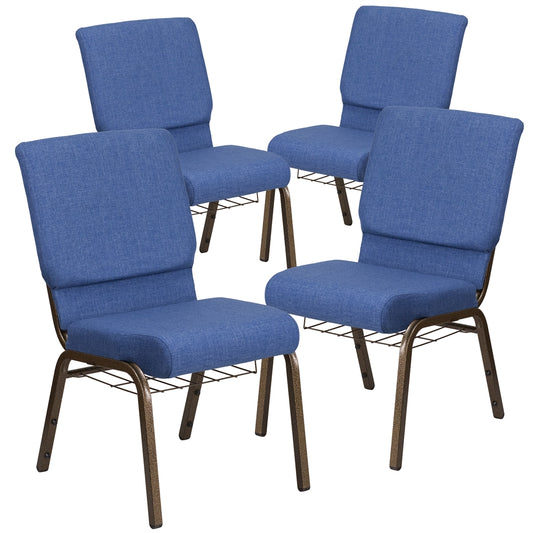 4 Pk. HERCULES Series 18.5''W Blue Fabric Church Chair with 4.25'' Thick Seat, Cup Book Rack - Gold Vein Frame