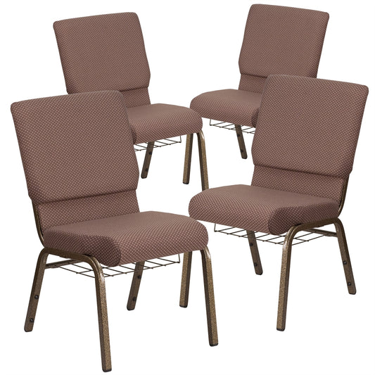 4 Pk. HERCULES Series 18.5''W Brown Dot Fabric Church Chair with 4.25'' Thick Seat, Book Rack - Gold Vein Frame