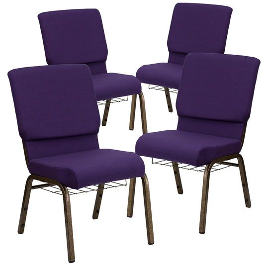 4 Pk. HERCULES Series 18.5''W Royal Purple Fabric Church Chair with 4.25'' Thick Seat, Communion Cup Book Rack - Gold Vein Frame