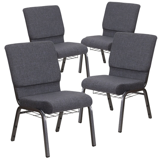 4 Pk. HERCULES Series 18.5''W Dark Gray Fabric Church Chair with 4.25'' Thick Seat, Book Rack - Silver Vein Frame