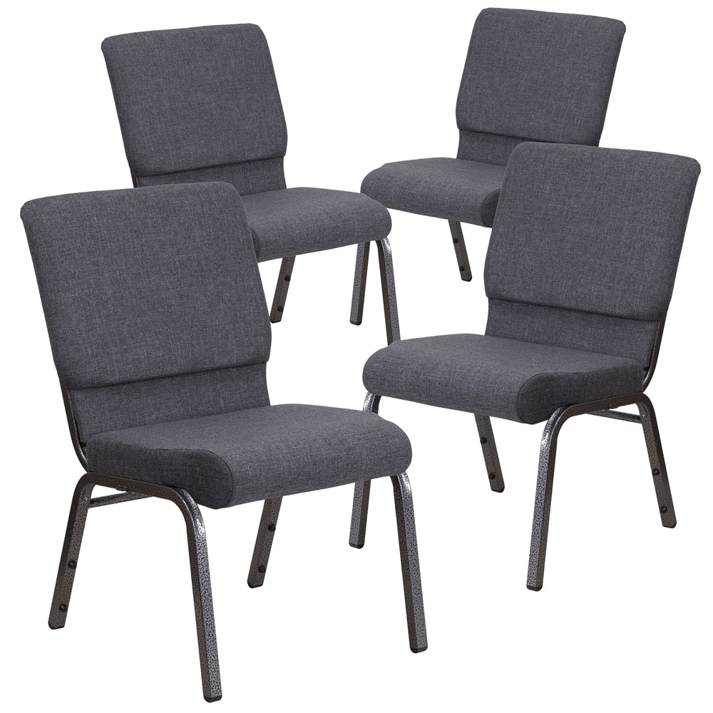 4 Pk. HERCULES Series 18.5''W Dark Gray Fabric Stacking Church Chair with 4.25'' Thick Seat - Silver Vein Frame