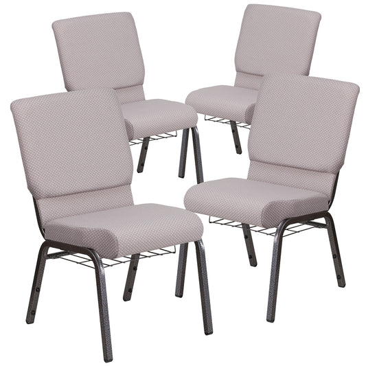 4 Pk. HERCULES Series 18.5''W Gray Dot Fabric Church Chair with 4.25'' Thick Seat, Book Rack - Silver Vein Frame