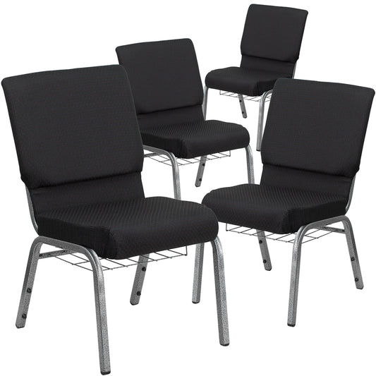 4 Pk. HERCULES Series 18.5''W Black Patterned Fabric Church Chair with 4.25'' Thick Seat, Communion Cup Book Rack - Silver Vein Frame